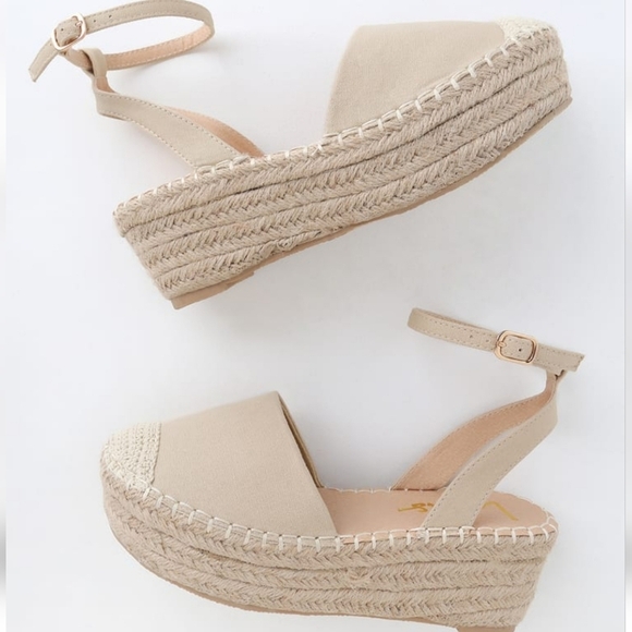 LULU'S JANELLE TAUPE FLATFORM ESPADRILLES SIZE 6 with ankle straps - Picture 2 of 4
